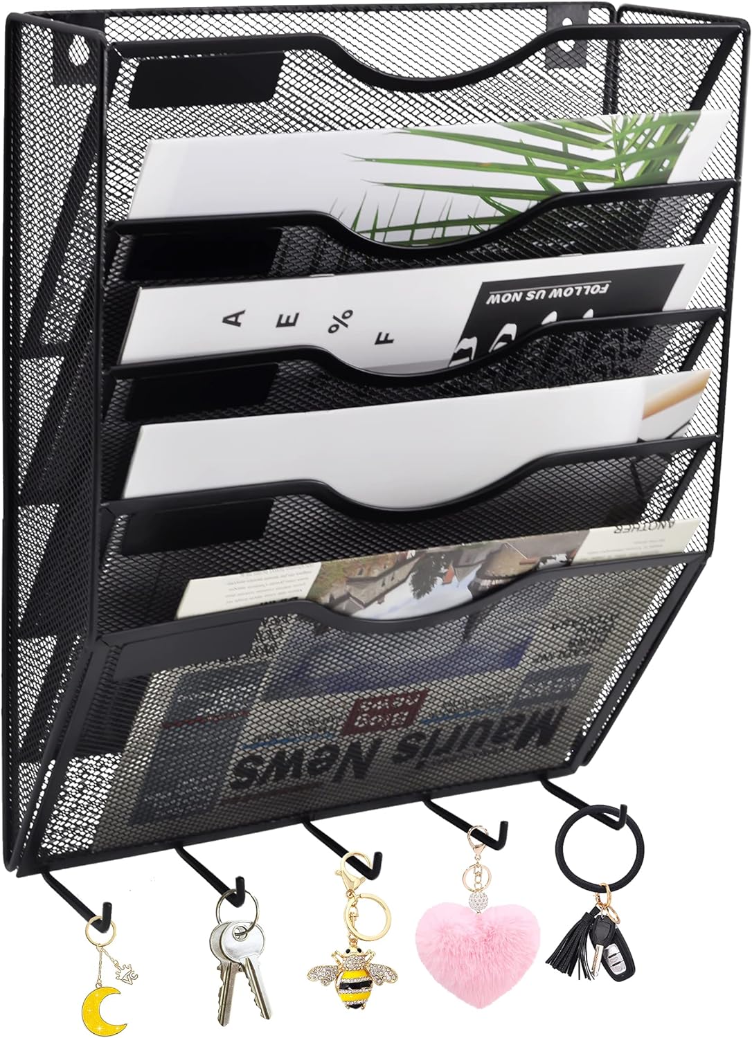 EASEPRES 5 Pocket Mesh Hanging File Organizer with Key Holder Hooks & Nametag Label, Wall Mounted Mail Paper Document Folder Storage Organization Magazine Rack for Office Cubicle, 5 Tier Black