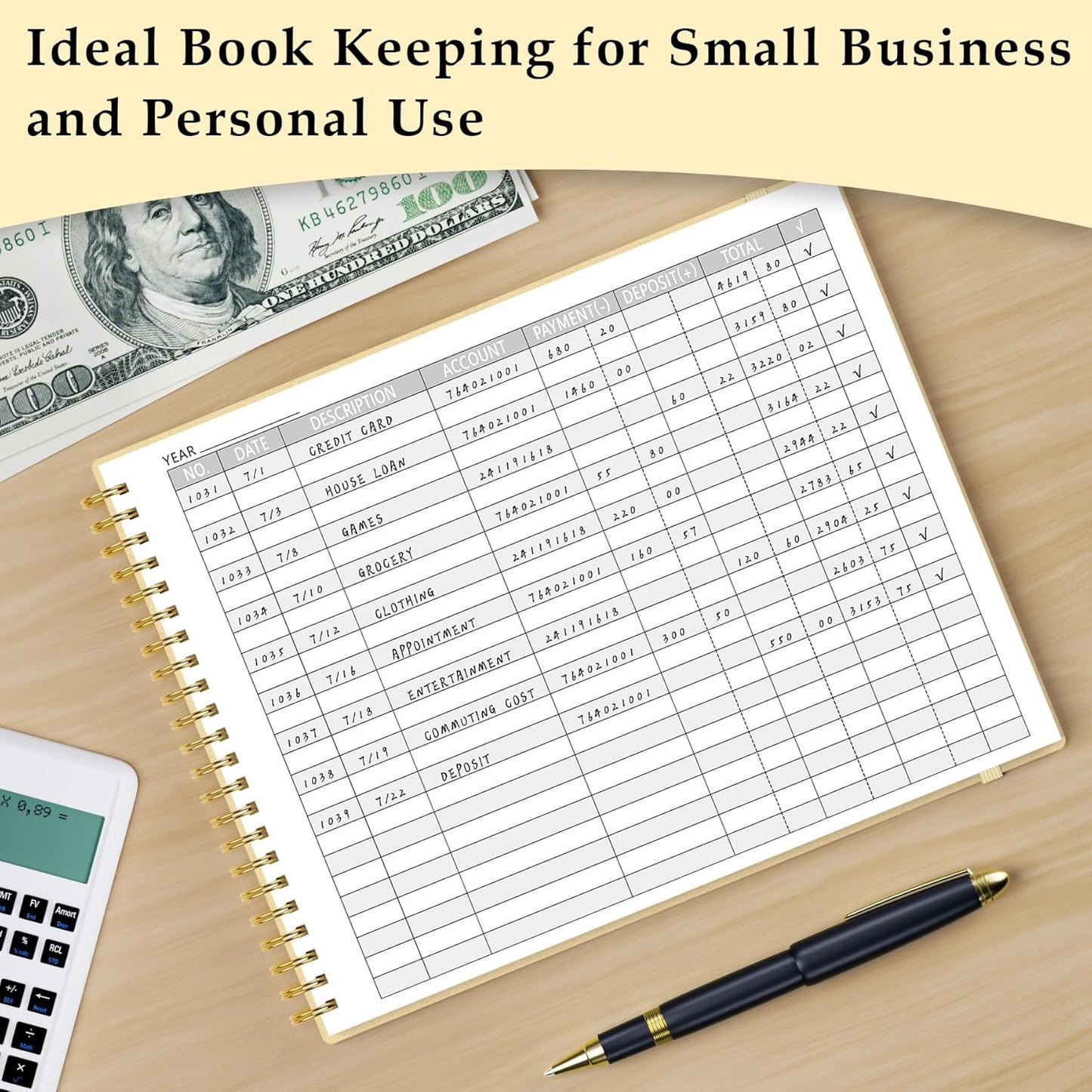 Accounting Ledger Book for Small Business & Personal Use, Horizontal Expense Tracker Notebook Ledger Book for Bookkeeping, Financial Income and Expense Log Book 10.2" x 8", Light Yellow