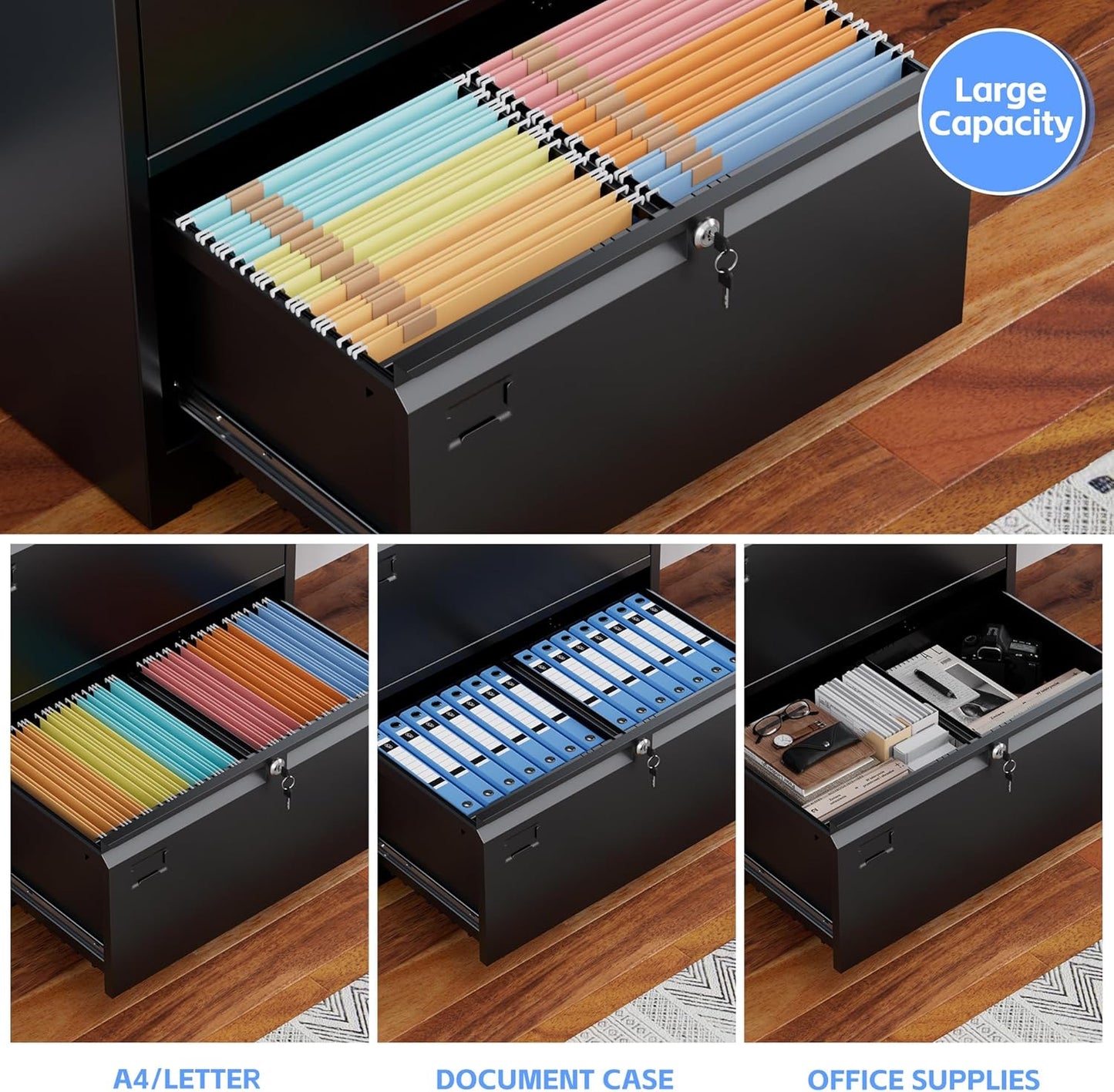 Metal 4 Drawer Lateral File Cabinet with 4 Lock - Wide Filing Cabinet for Letter/Legal/F4/A4 Hanging Files - Includes Business Card Holder,Home Office School Storage,Black