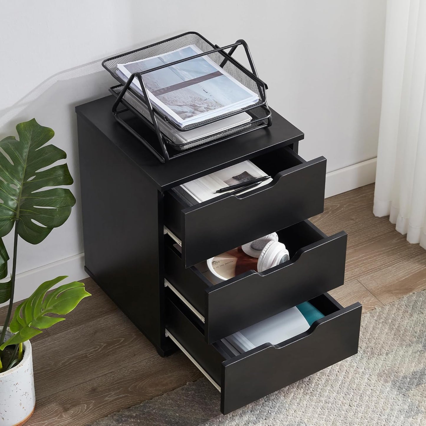 Farini 3-Drawer Under Desk Wooden File Storage Cabinet with Lockable Caster for Home Office,Black,Fully Assembly