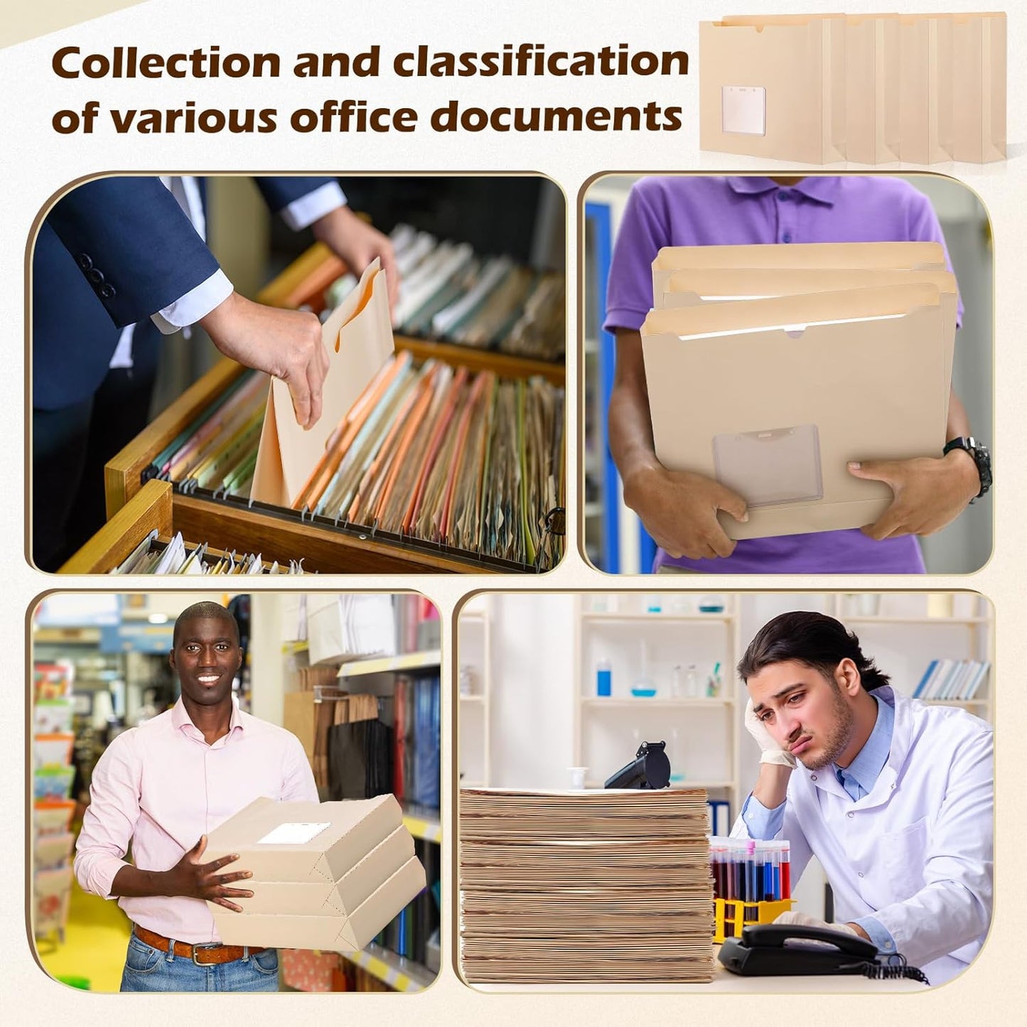 Zhehao 100 Pcs File Jackets Reinforced Straight Cut Tab Pocket Folders Expandable File Folder Expanding Paper Organizer with Tabs Expansion Pocket, Letter Size (Beige Color,with Label Pocket)