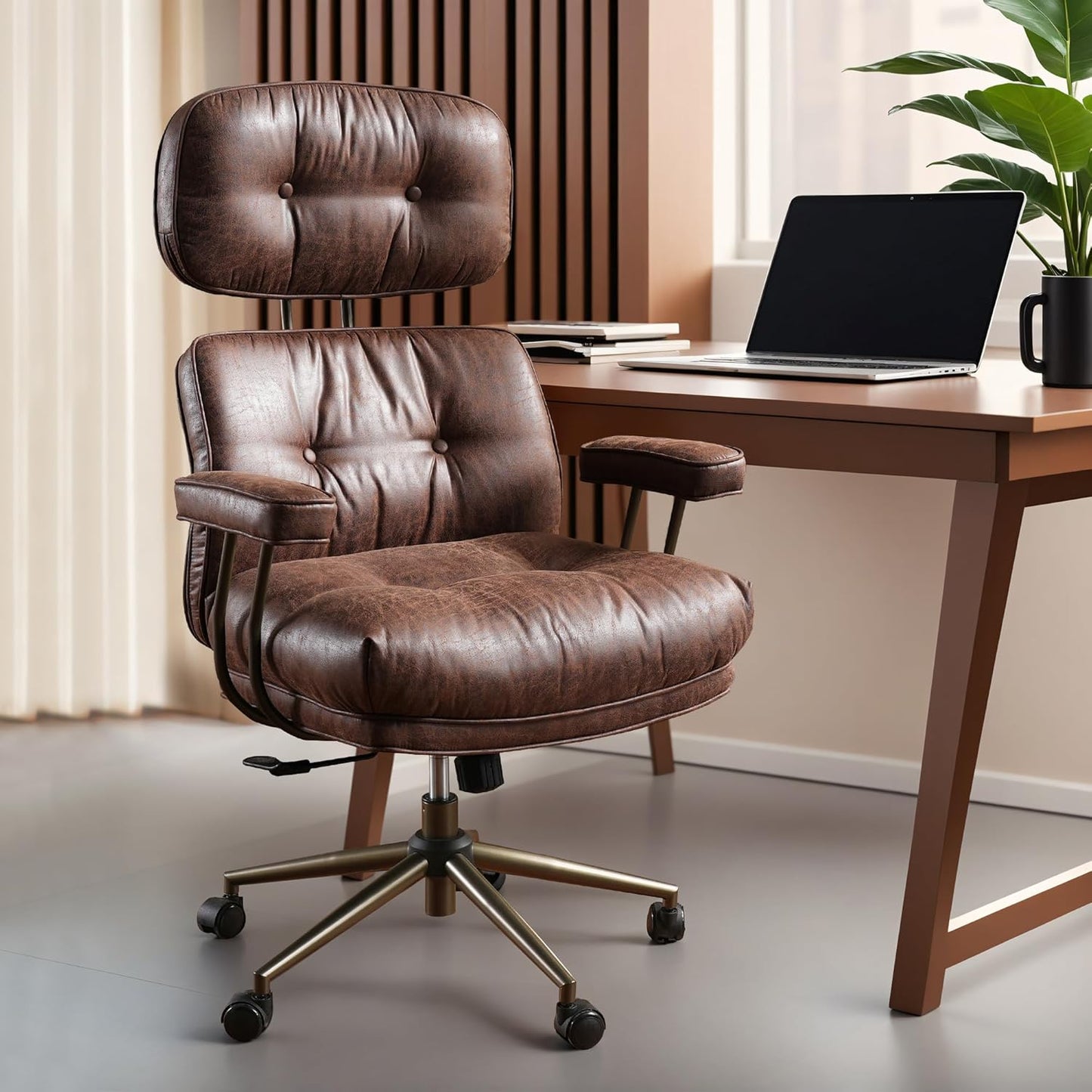 ovios Ergonomic Home Office Chair, Mid-Century Modern Faux Leather Chairs with Thickened Cushions, Comfy High Back Swivel Rolling Executive Computer Armchair (Dark Brown, Suede Leather)