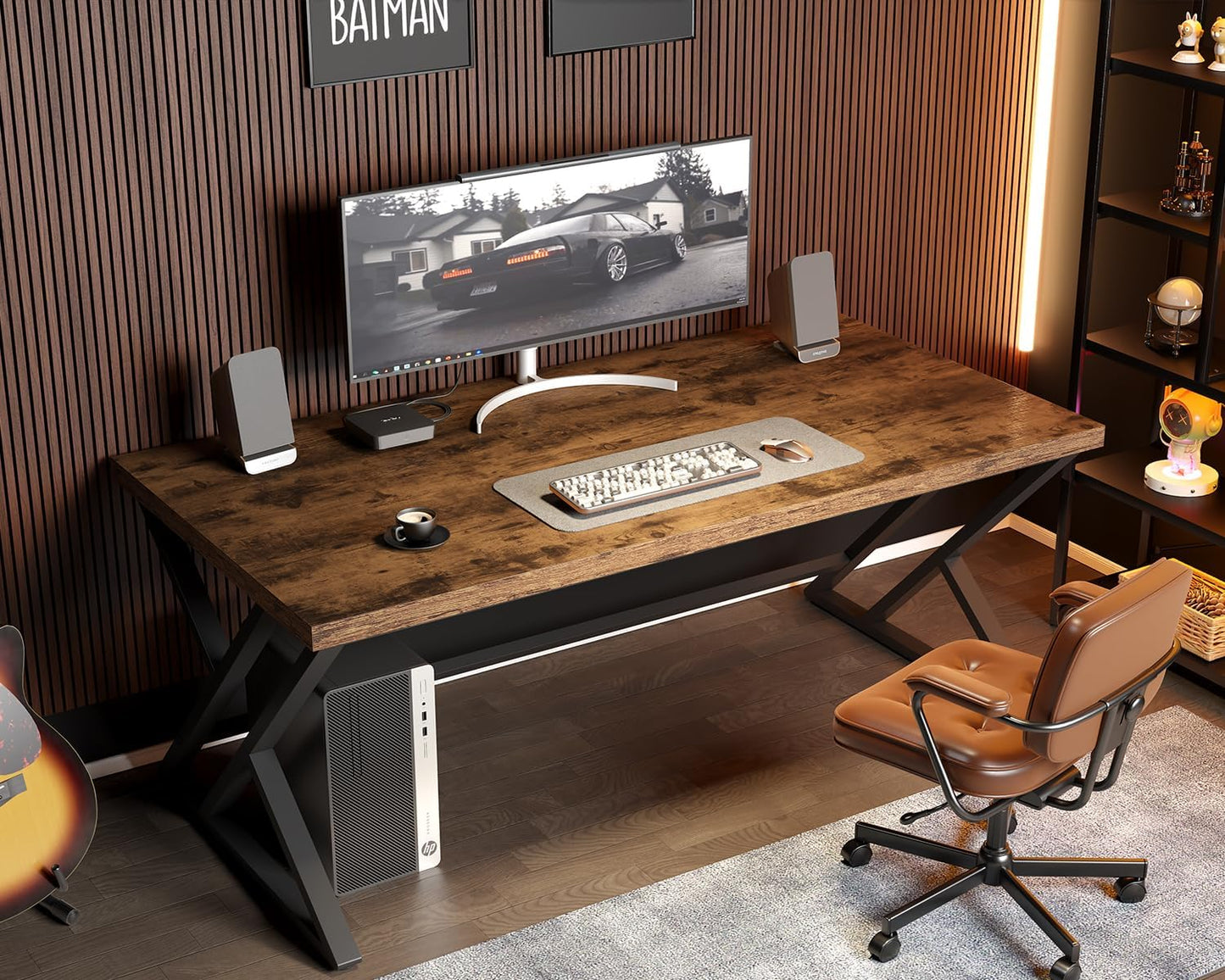 LVB Rustic Wood Computer Desk, Metal Home Executive Office Desk, Industrial Large Gaming Writing Desk, Wooden Student Study Computer Table for Bedroom Living Room, Rustic Brown, 60 Inch