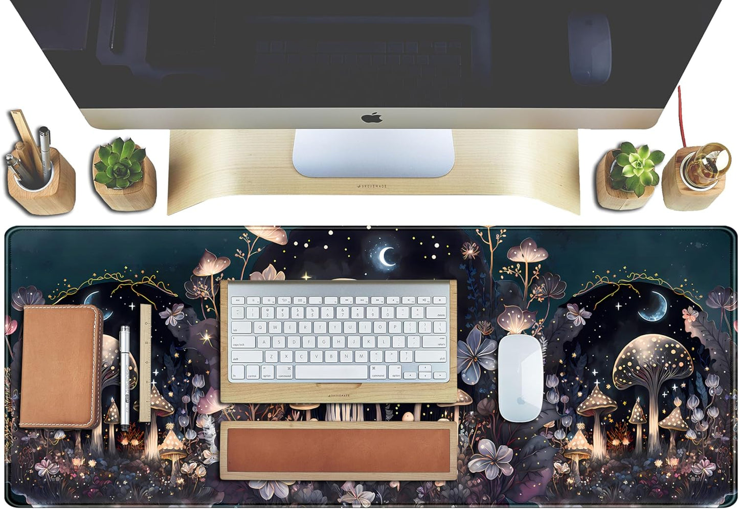 Cute Dark Mushroom Moon Night Mouse Pad XL Extended Gaming Mat with Stitched Edges, Computer Laptop Keyboard and Mouse Mat for Women Office Desk Decor, 31.5x11.8 in