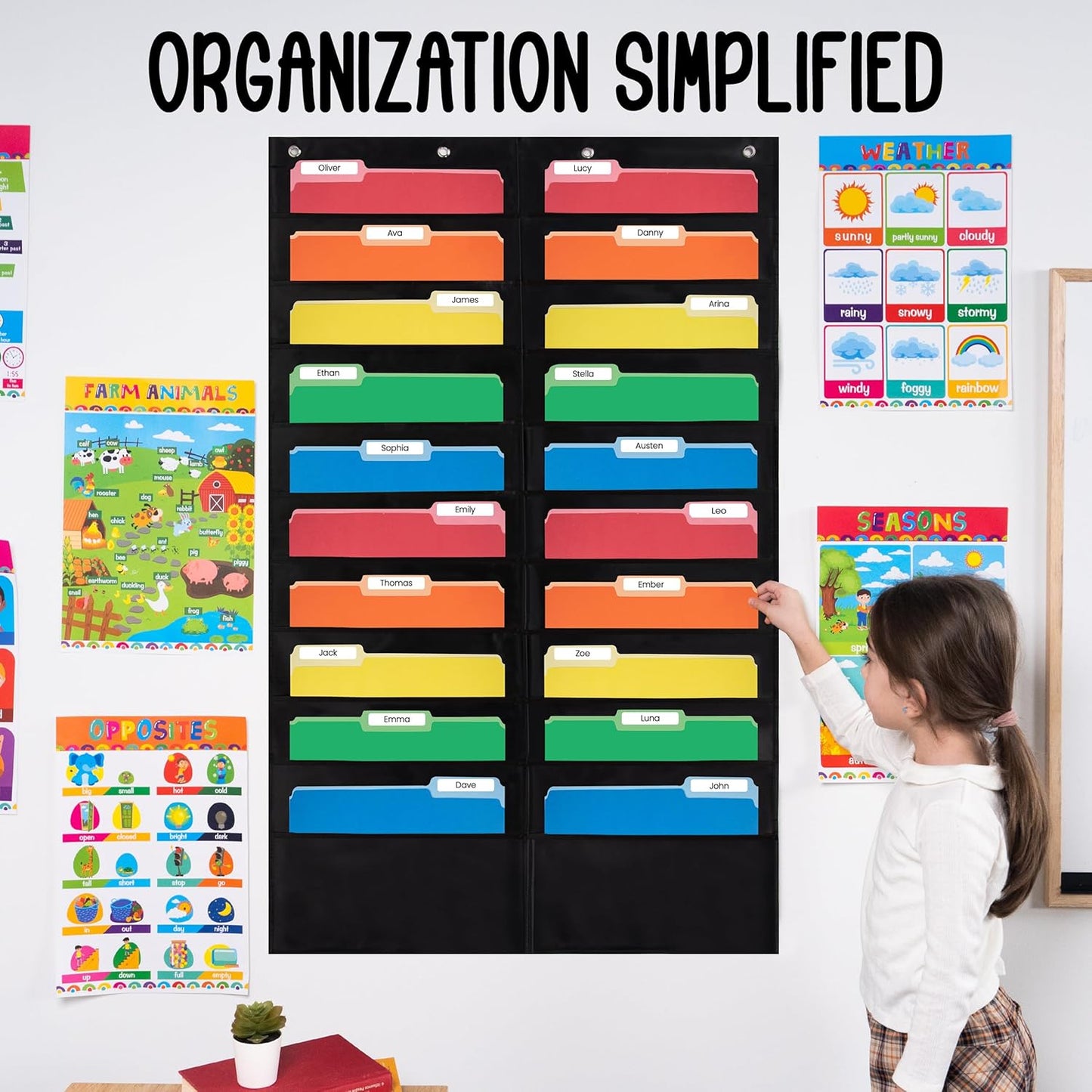 Essex Wares - 20 Pocket File Pocket Chart, Black, 28" Wide x 46" Tall - Versatile Wall Hanging File Folder Organizer for Classroom, Office, Home, and More - Wall Folder Organizer - 20 Pockets