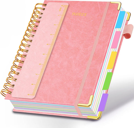 Hardcover Spiral Notebook 8"x10" Journal Notebook with Tabs and Removable Dividers 300 Pages 5 Subject Notebook College Ruled, Faux Leather Spiral Bound Notebook for Women, Students, School Work (Pink)