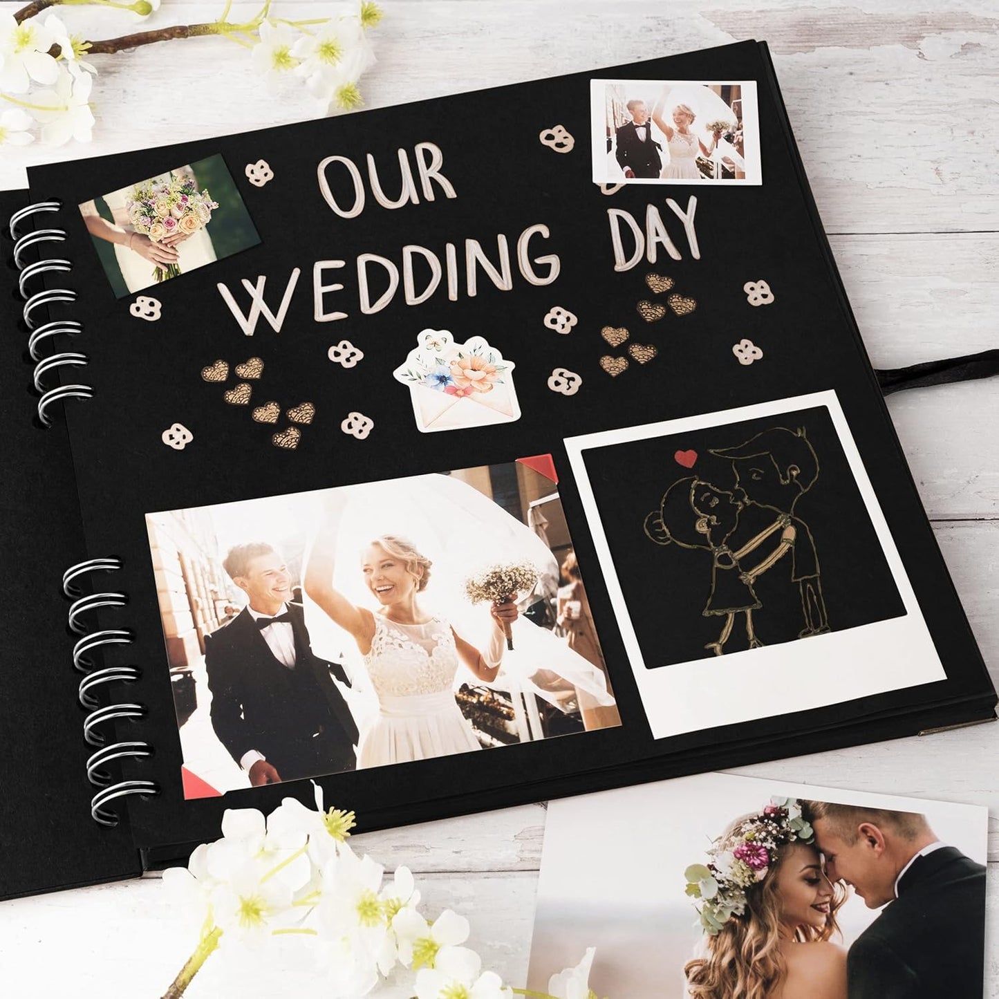 Bstorify 10 x 10 Inches Scrapbook Album 70 Pages Black Thick Kraft Paper Corner Protectors, Ribbon Closure - Ideal for Your Scrapbooking, Art & Craft Projects (Black, 10 x 10 Inch)