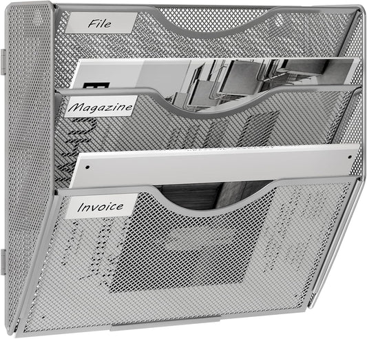 EasyPAG Wall File Holder Organizer 3 Pocket Mesh Hanging Wall Mounted Document Paper Folder Filing Magazine Rack with Nametag Label for Office Home School, Sliver