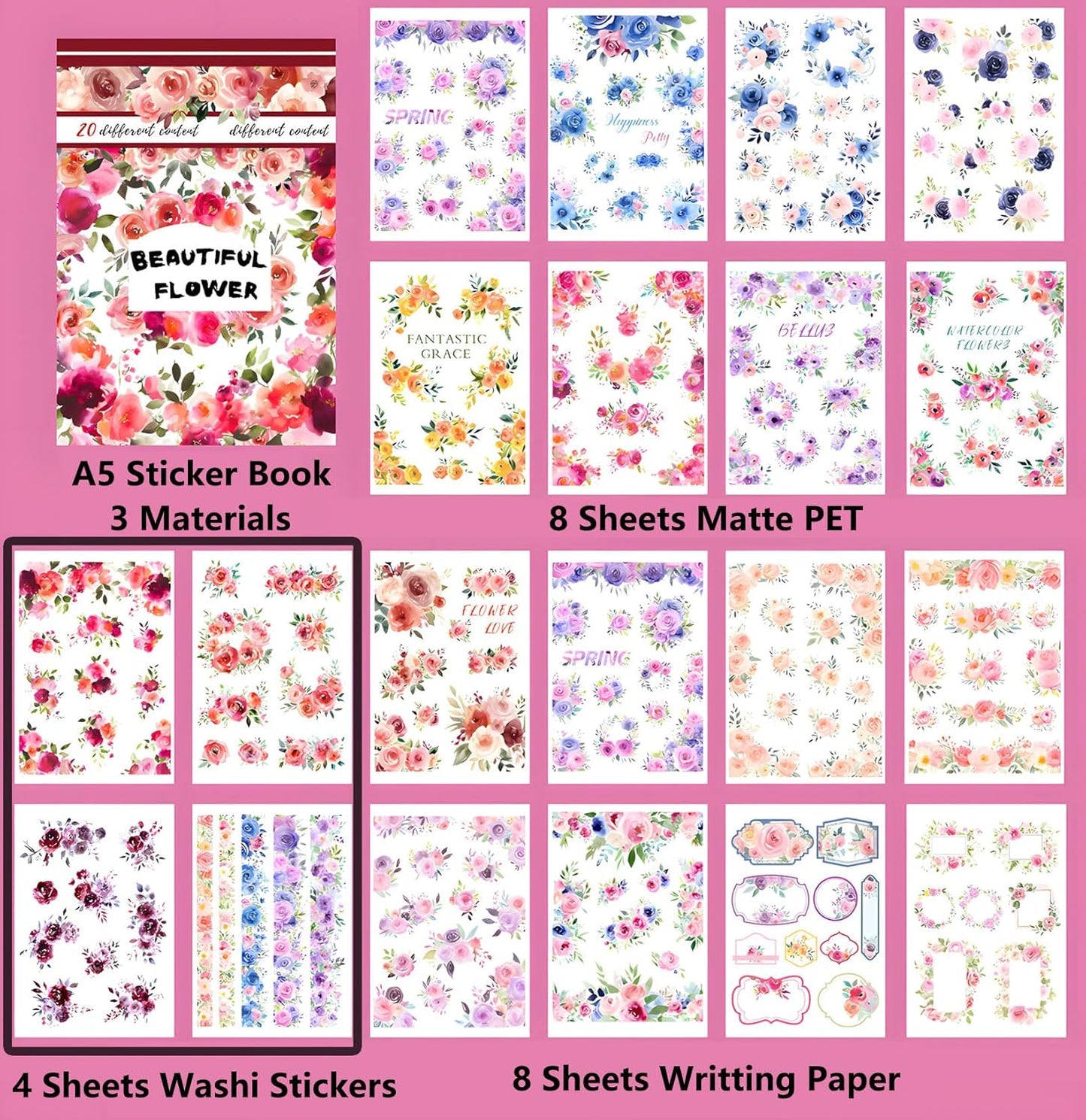 YagCu Vintage Watercolor Floral Sticker Book, Pre-Cut Stickers for Journaling, Assorted Washi Paper PET Materials, Junk Journal Supplies, Scrapbooking Crafts Arts