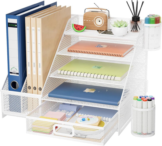 Marbrasse Desk Organizer with File Holder, 5-Tier Paper Letter Tray Organizer with Drawer and 2 Pen Holder,Mesh Desk Organizers and Accessories,Desktop Organizer and Storage for Office Supplies(White)