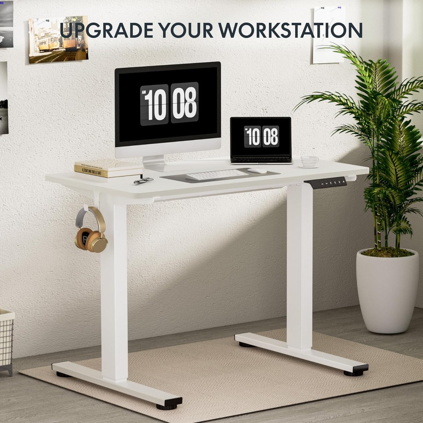 FLEXISPOT EN1 Whole-Piece White Standing Desk 48 x 24 Inches Electric Stand Up Height Adjustable Desk for Home Office (White Frame + White Top)