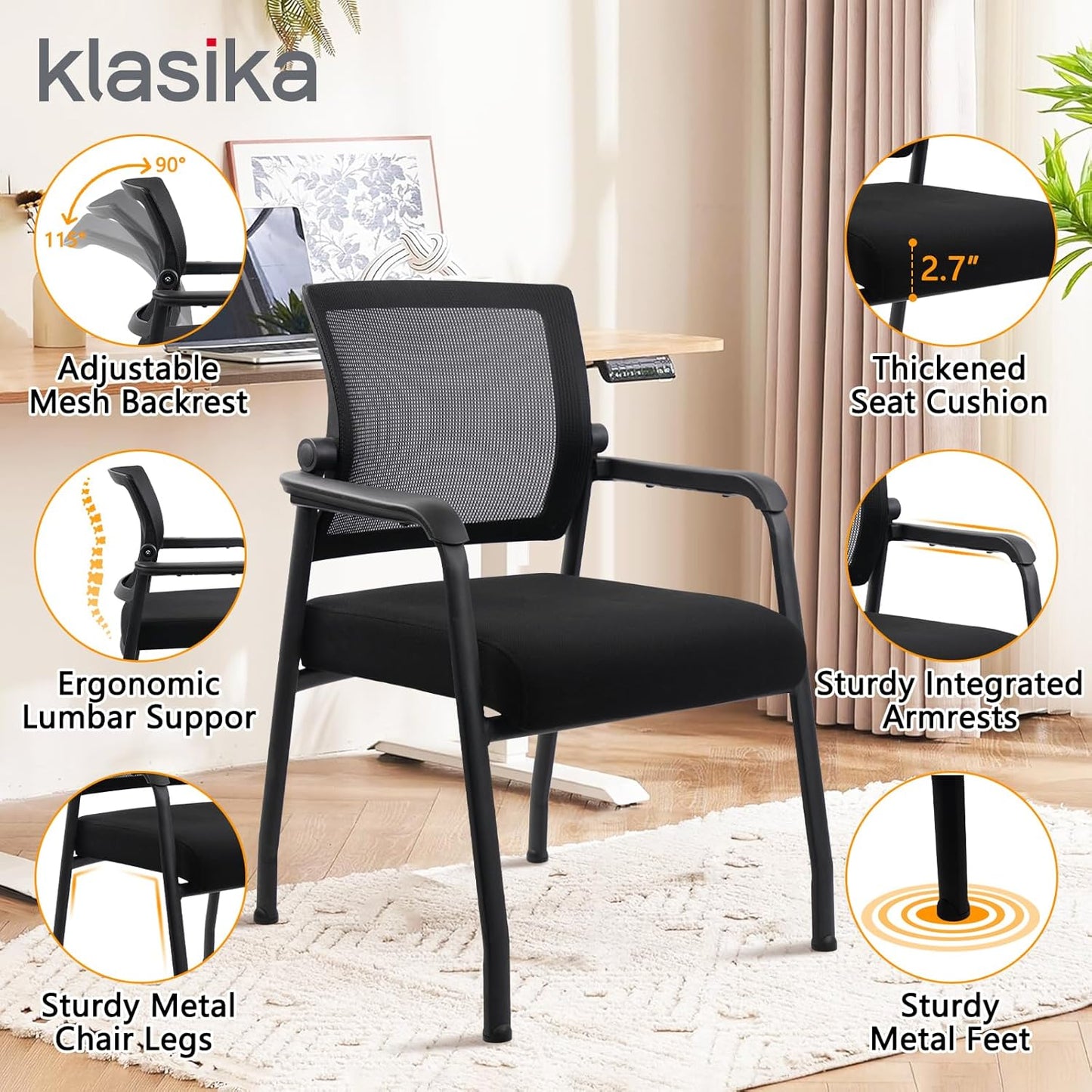 Desk Chair No Wheels with Adjustable Mesh Backrest, Arm Chair with Ergonomic Lumbar Support and Thickened Seats Cushion, Waiting Room Chairs for Office School Church Guest Reception