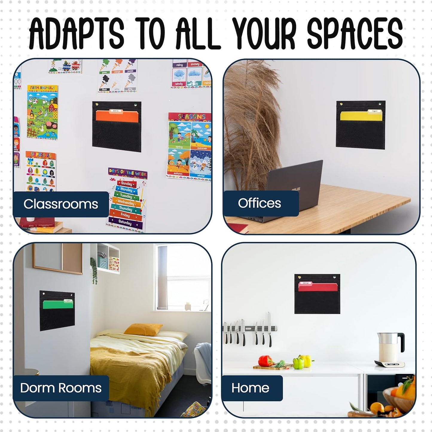 Essex Wares - 1 Pocket File Pocket Chart, Black - Versatile Wall Hanging File Folder Organizer for Classroom, Office, Home, and More - Wall Folder Organizer - Single Pocket