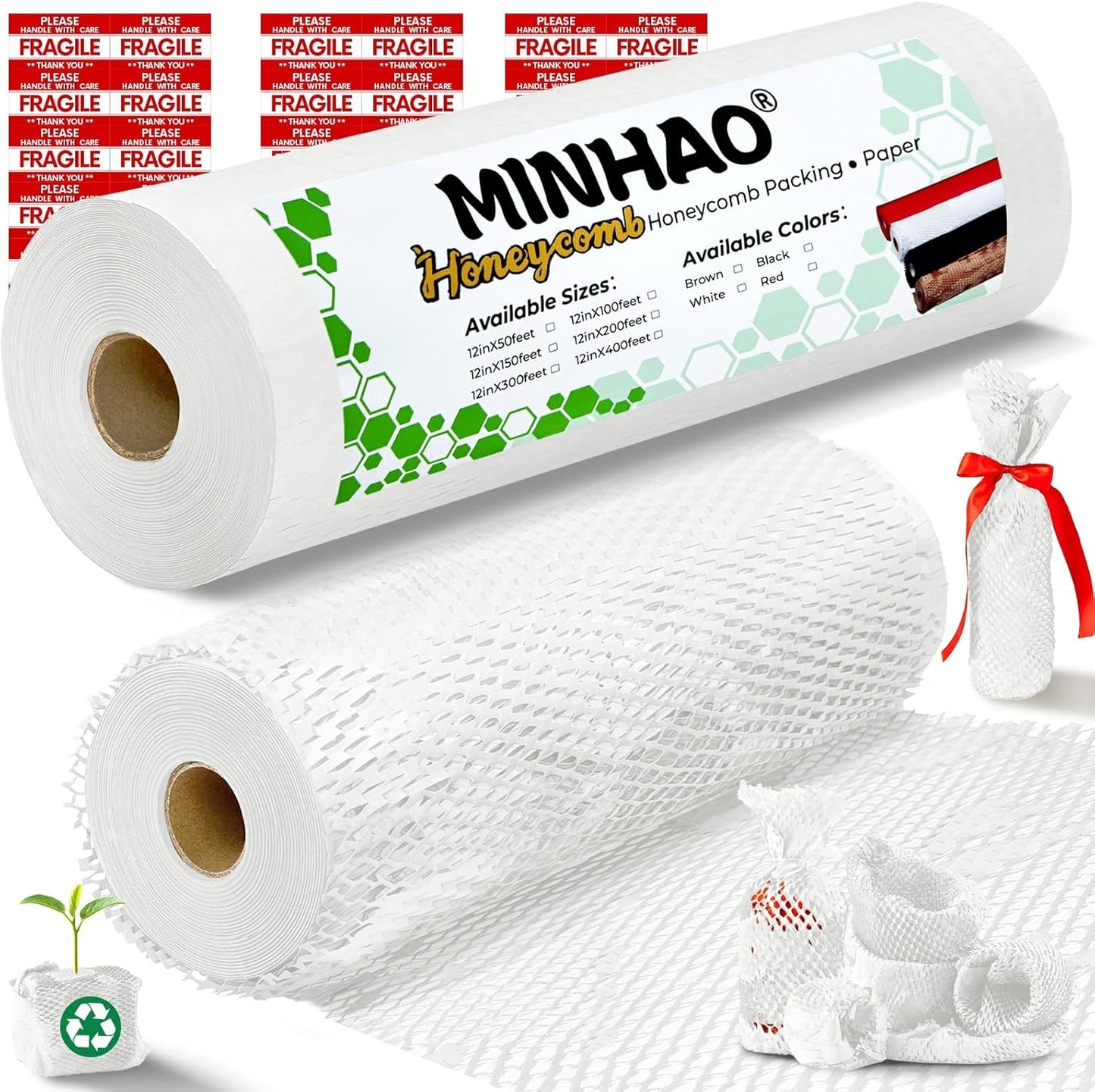 Honeycomb Packing Paper, 12"x200' White | Perforated Honeycomb Packing Paper Recyclable Moving Supplies for Shipping & Moving | Plastic-Free Alternative to Bubble Cushion Wrap with 36 Fragile Stickers