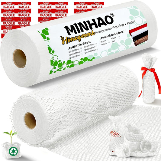 Honeycomb Packing Paper, 12"x300' White | Perforated Honeycomb Packing Paper Recyclable Moving Supplies for Shipping & Moving | Plastic-Free Alternative to Bubble Cushion Wrap with 36 Fragile Stickers
