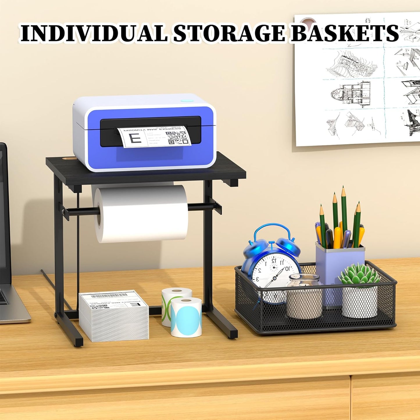 Label Holder for Rolls and Fan-Fold Labels, Shipping Thermal Label Holder with Drawer for Desktop Thermal Printer, Sticker Roll Holder, Label Printer Accessory Supplies for Home, Office Small Business