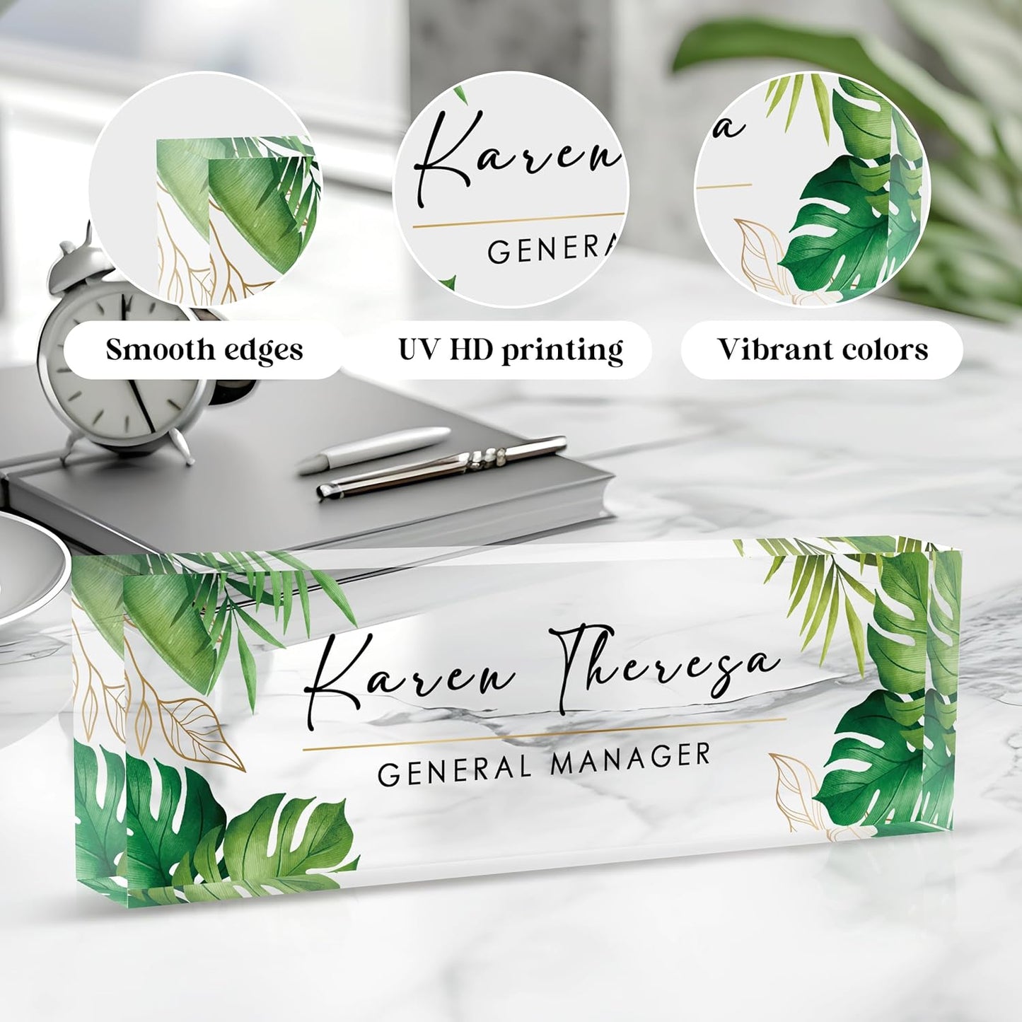 Custom Office Name Plate, Personalized Gifts for Women & Men, Appreciation Gifts for Employees, Office Desk Accessories (Green Plants)