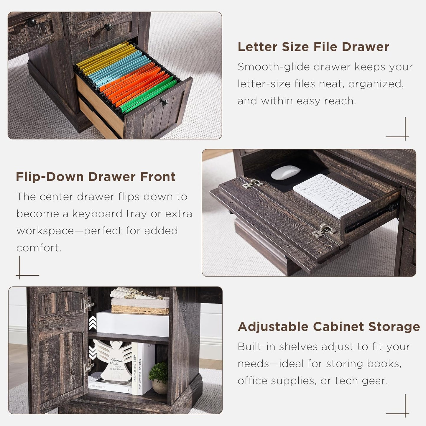 OKD 60" Executive Desk with Drawers, Farmhouse Home Office Desk with Charging Station, Keyboard Tray, File Cabinet Storage, Wood Computer Desk for Work and Study, Dark Rustic Oak