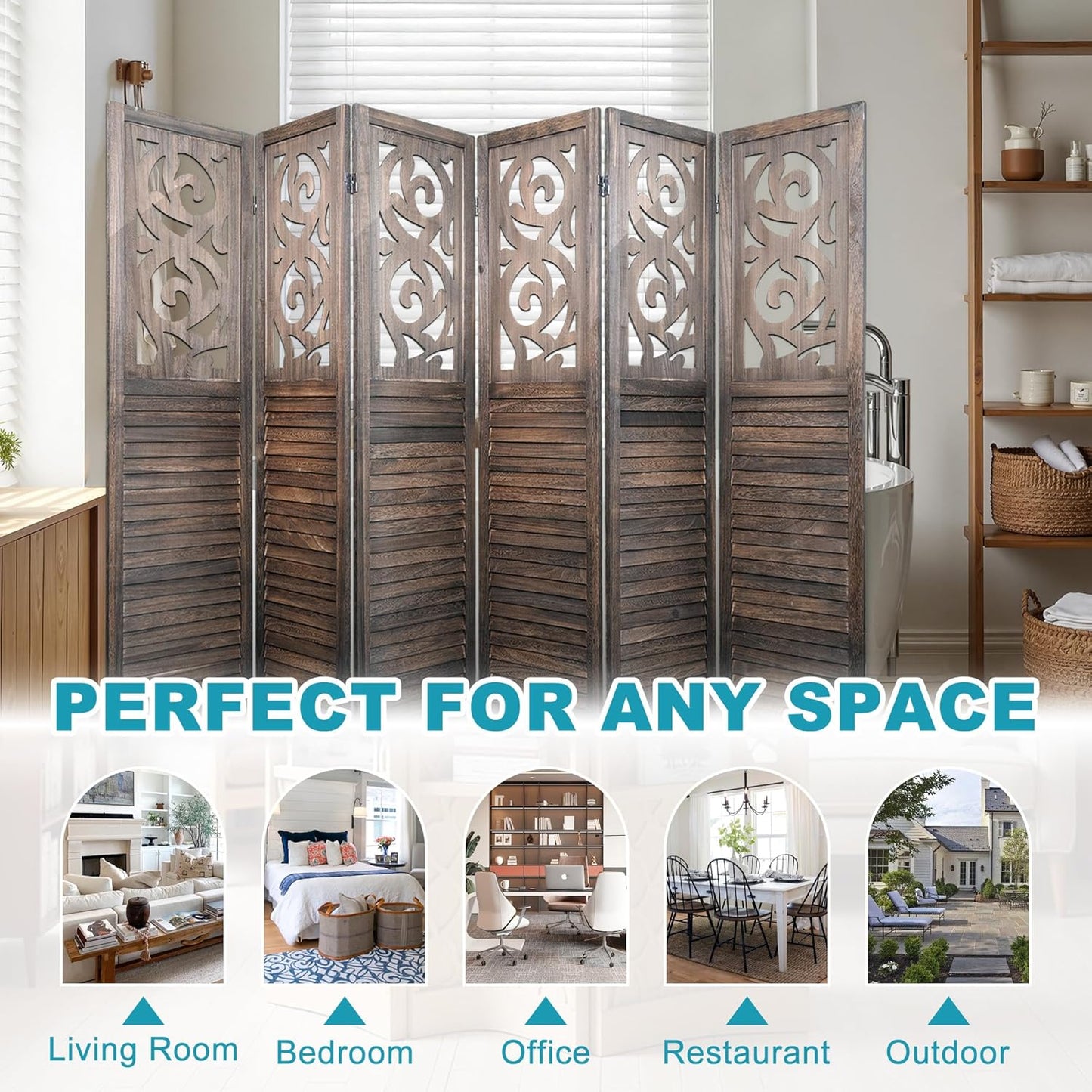6 Panel Room Divider, 5.6FT Folding Carved Room Divider Screen, Free Assembled Freestanding Partition for Home Office Bedroom, Brown