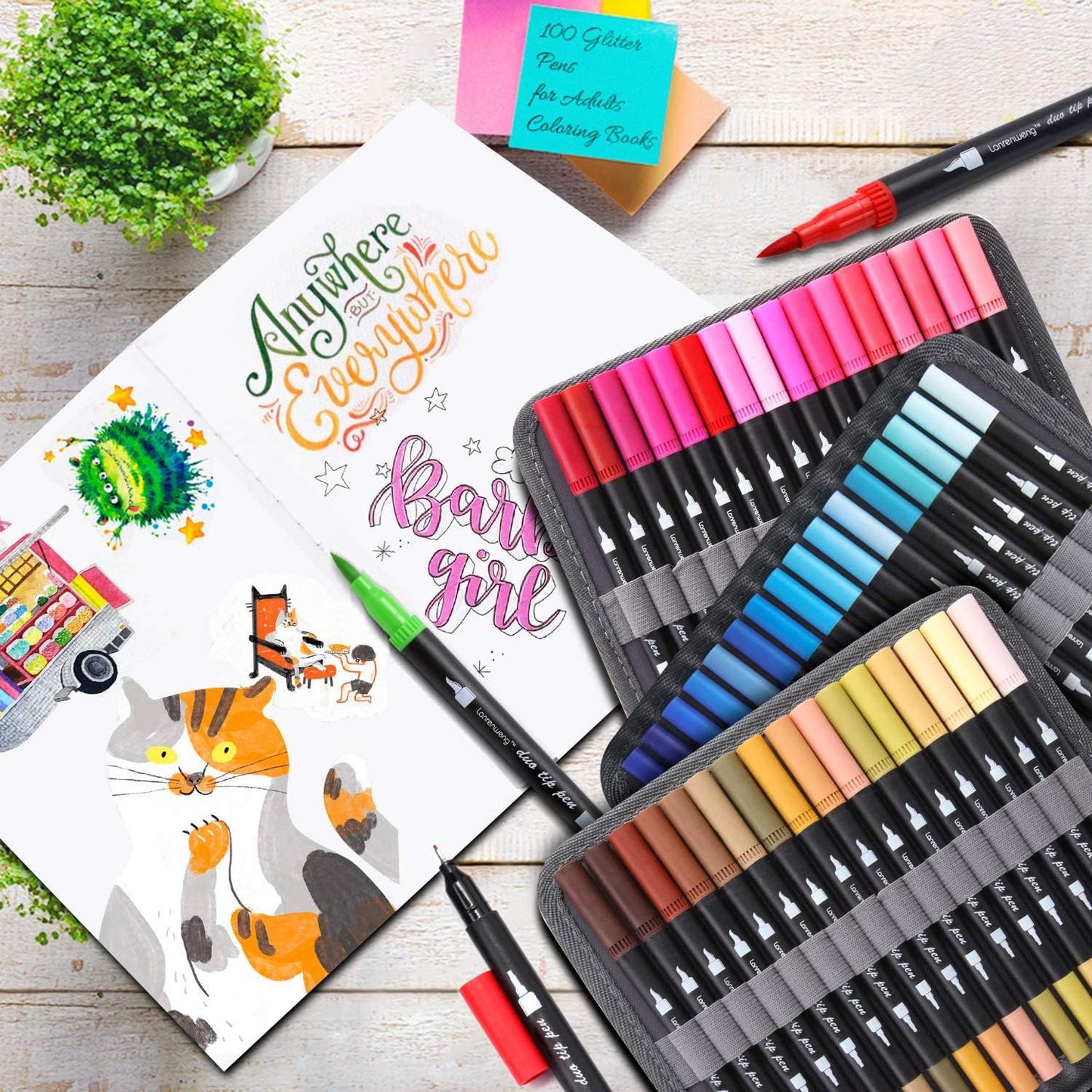 100 Colors Duo Tip Brush Markers Art Pen Set, Fine Brush Tip Colored Pens Set with Canvas Bag,Adult Coloring Books Drawing Sketching Calligraphy