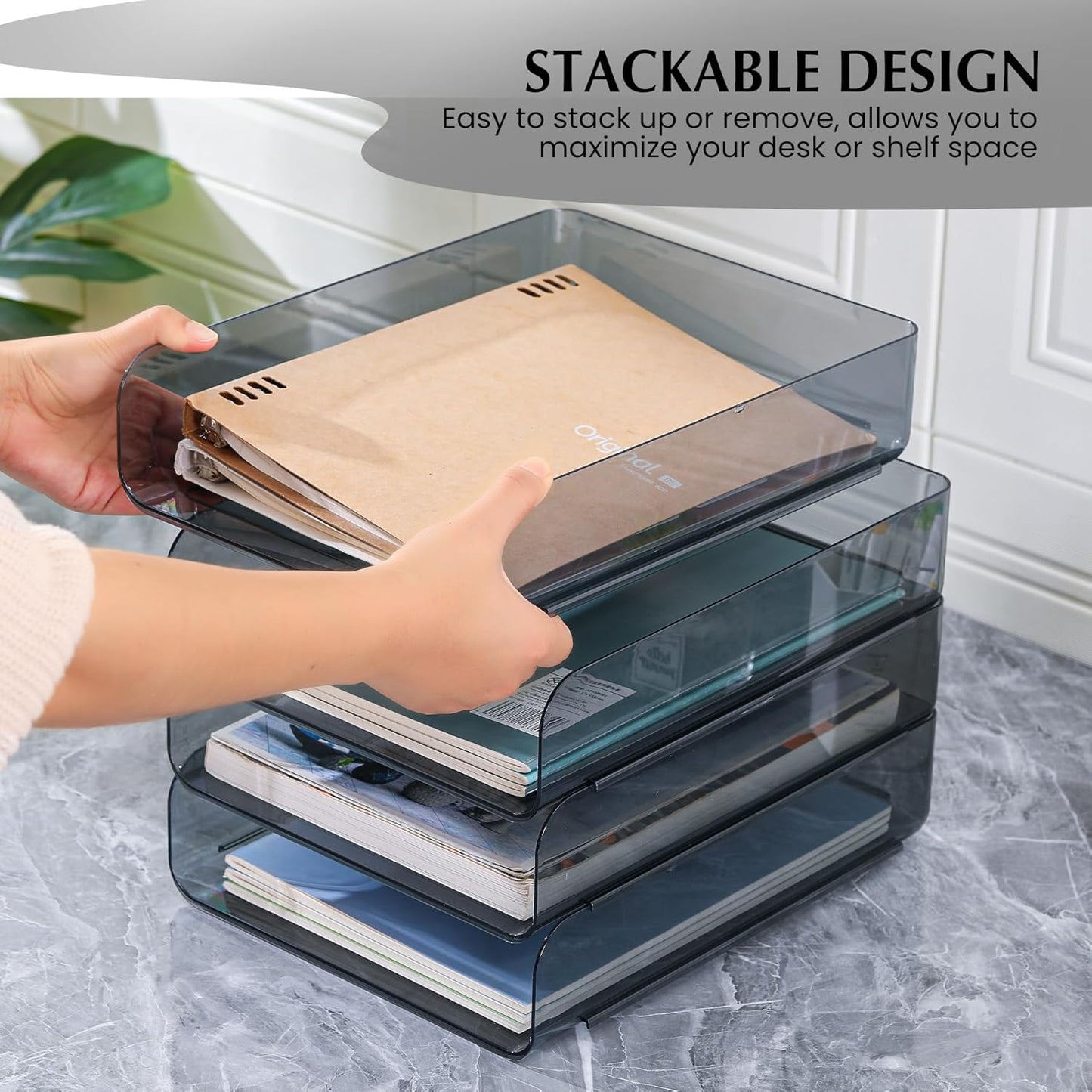4 Pack Stackable Paper Tray, Clear File Organizer Letter Tray for Desk, Office Organizer and Storage for Desk Accessories, Notes, Books, File Paper, Document, Black