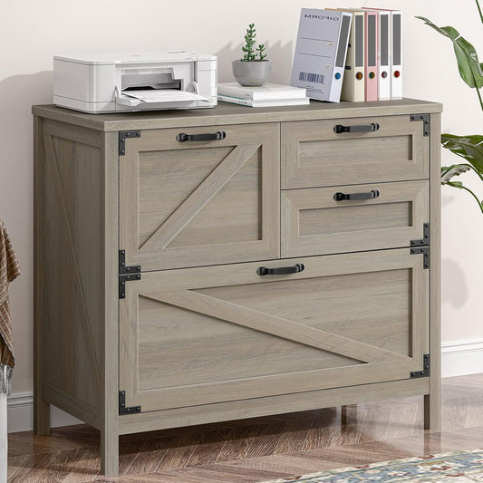 Wood Lateral File Cabinet with 4-Drawer for Hanging Files Letter/A4/Legal Size, Large Farmhouse Filing Cabinets for Home Office, Printer Stand with Office Cabinet, Office Furniture, Rustic Grey