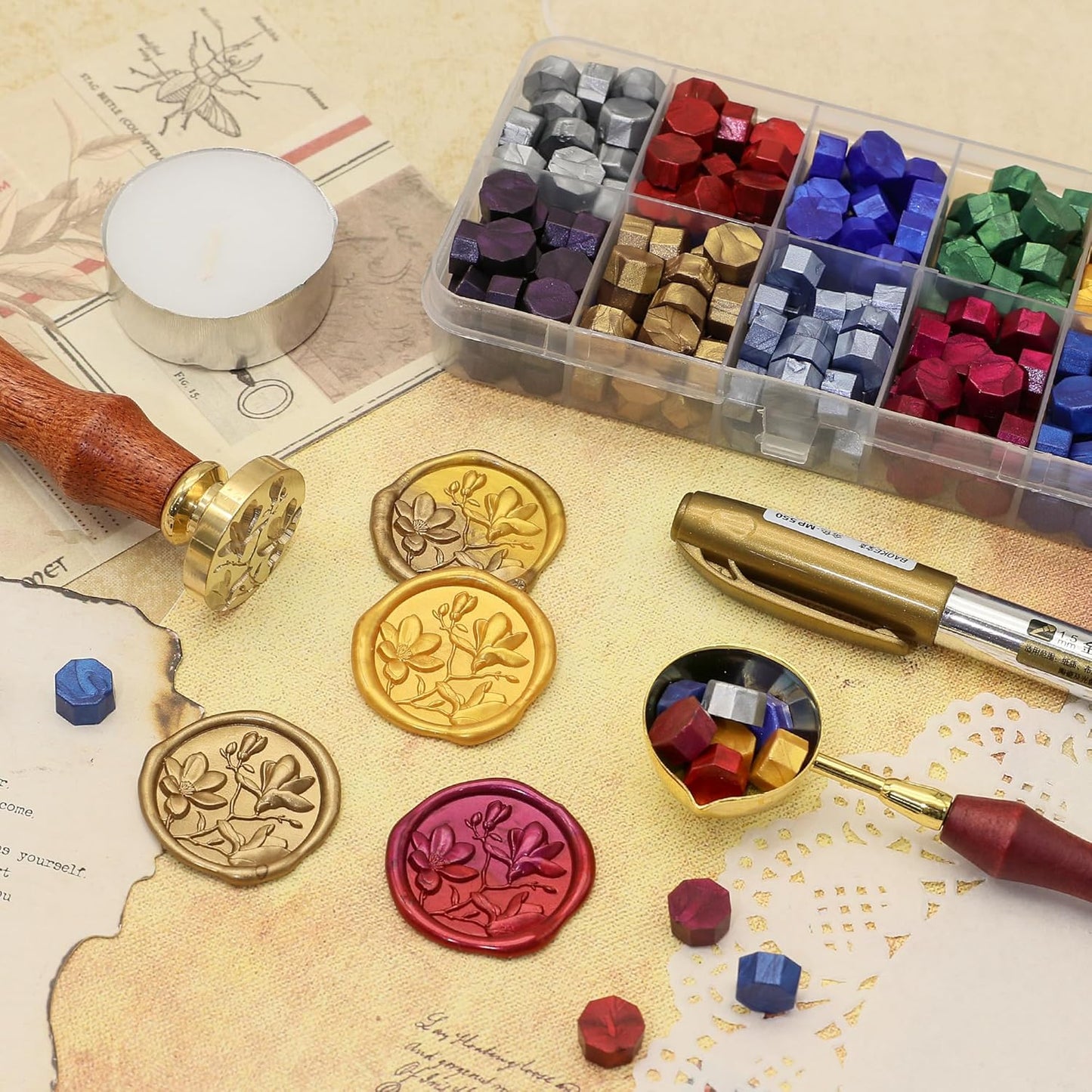 SWANGSA 3D Magnolia Wax Seal Stamp Kit with 200pcs Sealing Wax Beads, Great for Embellishment of Wedding Invitations, Wine Packages, Gift Wraps