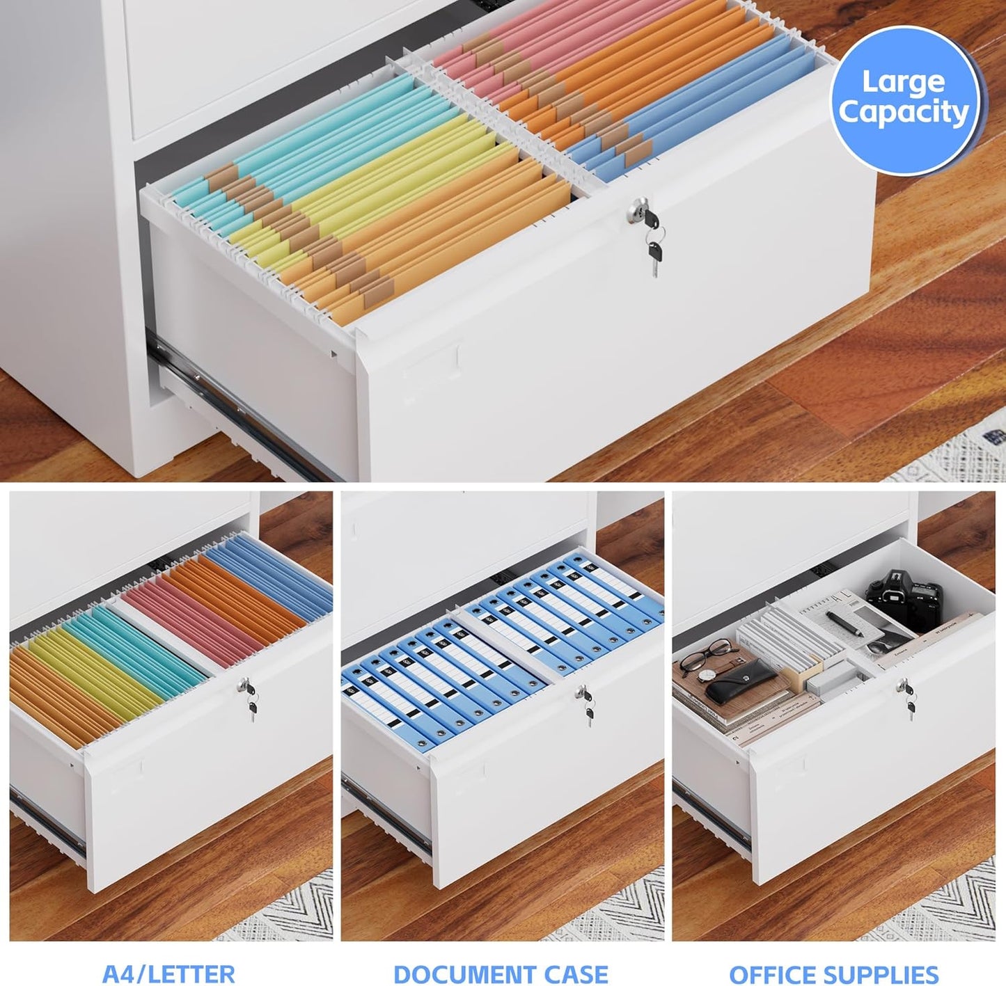 Aobabo 3 Drawer Wide Lateral File Cabinet, Metal Filing Cabinet with Lock, Suitable for Home Office School Hanging Files Letter/Legal/F4/A4 Size,White,Required-Assembly,15.87" D x 28.94" W x 43.62" H