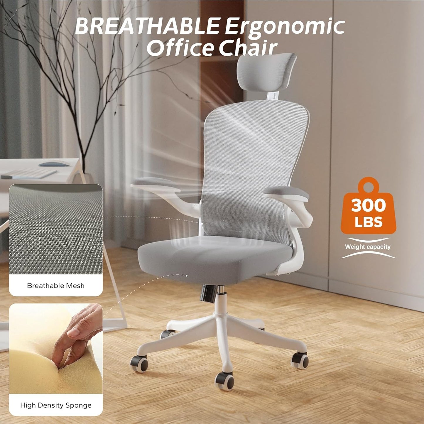 Ergonomic Office Chair with Adjustable Lumbar Support & Flip-Up Armrests - High Back Computer Desk Chair with Thickened Seat Cushion, Rolling Wheels for Home/Office Study Work