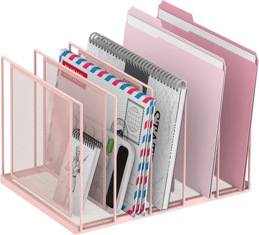 File Organizer for Desk, 5-Section Vertical File Sorter, Paper Holder Organizer Standing Metal File Folder for Office Home Classroom, Pink