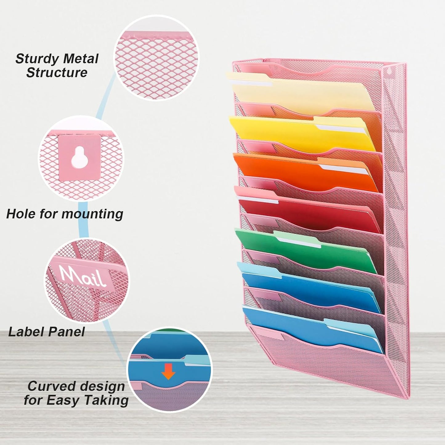 EASEPRES 8 Pocket Mesh Hanging Wall File Organizer, Wall Mounted Mail Paper Document Folder Holder, Clipboard Storage Organization Magazine Rack with Nametag Label for Office Home School, Pink