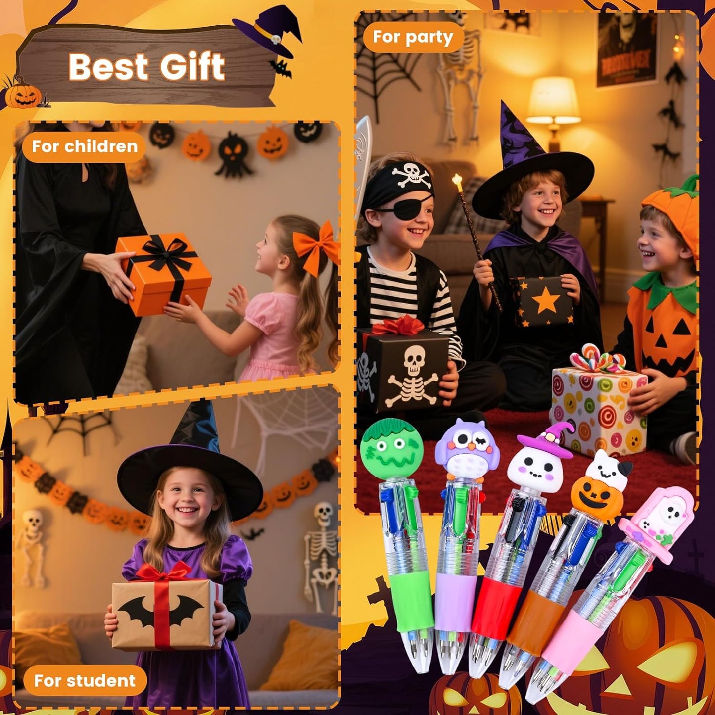 LiYiQ 50 Pcs Halloween Colorful Multicolor Pen in One Cartoon Cute Fun 4-in-1 Cute Pens Bulk Kawaii Pumpkin Ghost Bat Shape Cool Ballpoint Pens for Kids Fun Gifts