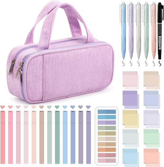 Jutom 39 Pcs Aesthetic Book Annotation Kit Highlighter with Pencil Case Bag Gel Pen Transparent Sticky Note Taking Bible Study College School Supplies(Light Purple,Classic Style)