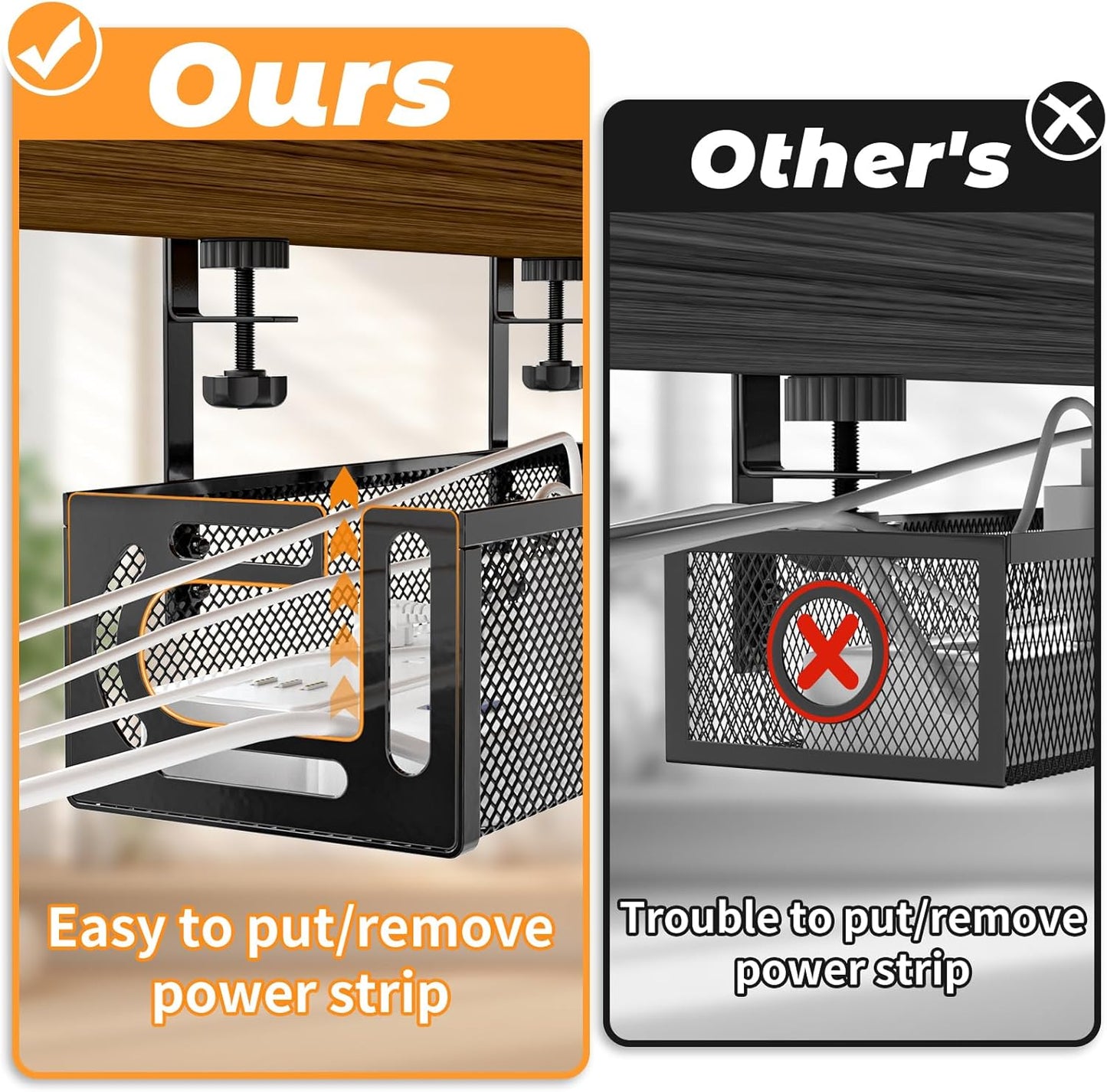 Under Desk Cable Management Tray, 15.7'' No Drill Steel Desk Cable Organizers, Wire Management Tray Cable Management Rack (2 Packs-Black)