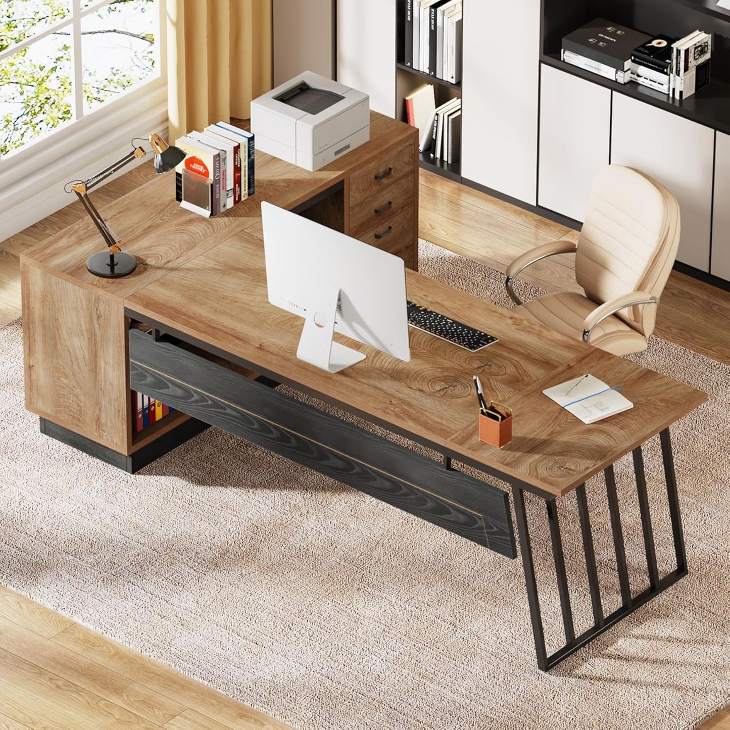 Tribesigns 71-Inch Executive Desk, L-Shaped Desk with Cabinet, Large Office Desk with Drawers and Storage Shelves, Writing Table Computer Desk for Home Office, Oak and Black