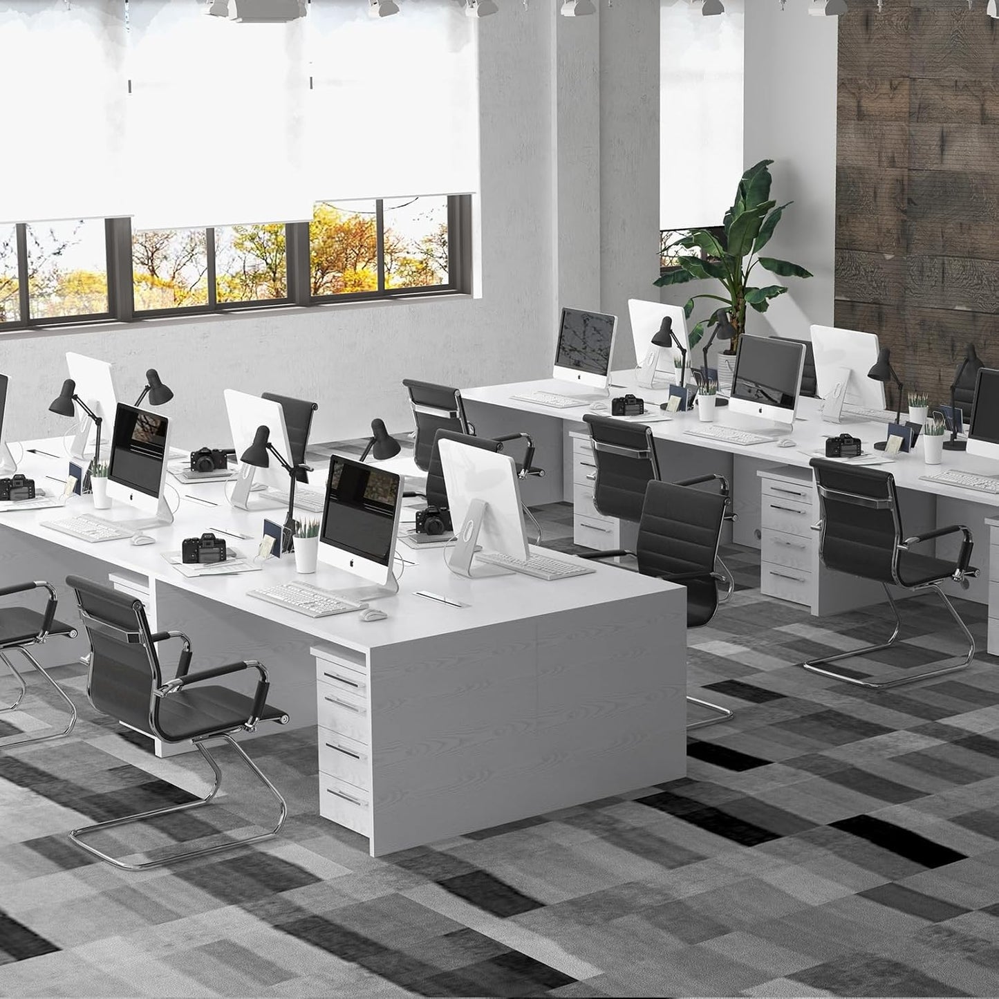 Black Office Desk Chair No Wheels Set of 8 PU Leather Computer Chairs Mid Back Guest Chairs for School Reception Conference Waiting Room, Black