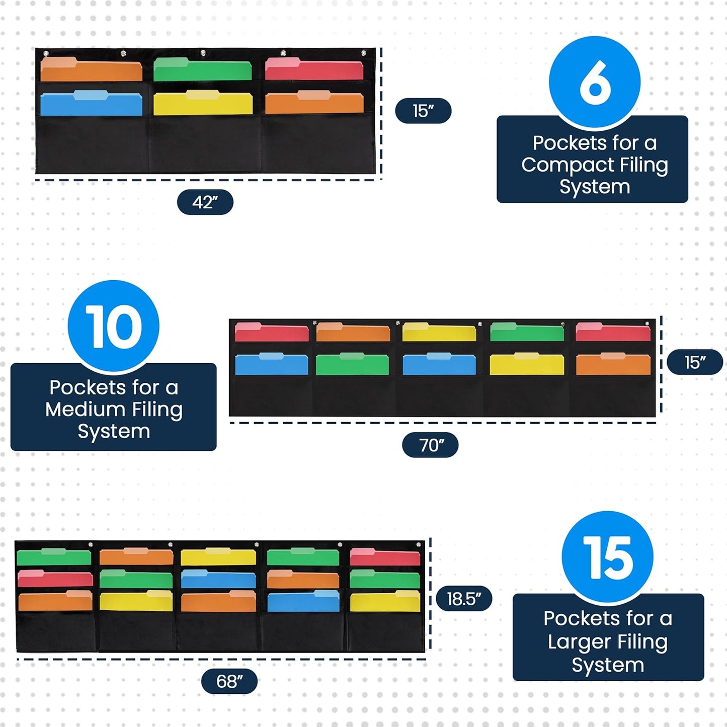 Essex Wares - 15 Pocket Horizontal File Hanging Paper Organizer for Letter Documents, Black, 68.4" Wide x 18.6" - Hanging Pocket File Organizer - Black Pocket Chart for Classroom & Office - 15 Pockets