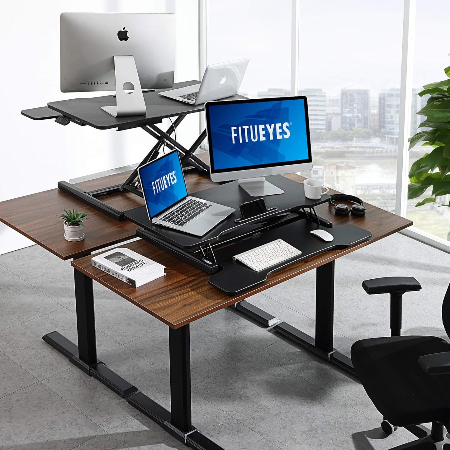 FITUEYES Height Adjustable Standing Desk 32” Wide Sit to Stand Converter Stand Up Desk Tabletop Workstation for Dual Monitor Riser FSD308001WB