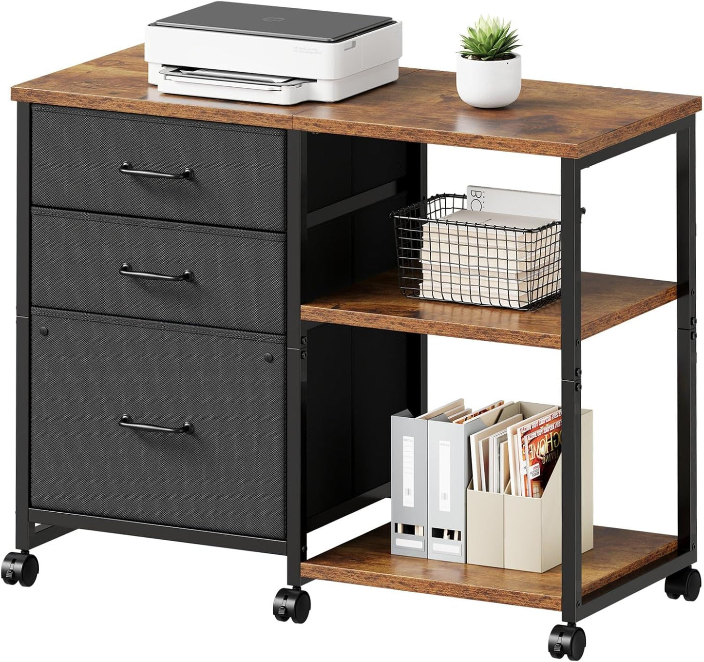 3 Drawer File Cabinet with Wheels Rolling Printer Stand with Open Storage Shelf Fabric Lateral Filing Cabinet for Home Office,Rustic Brown