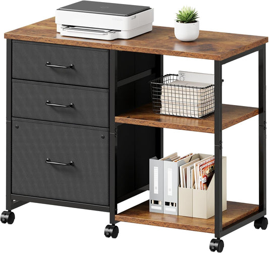 3 Drawer File Cabinet with Wheels Rolling Printer Stand with Open Storage Shelf Fabric Lateral Filing Cabinet for Home Office,Rustic Brown