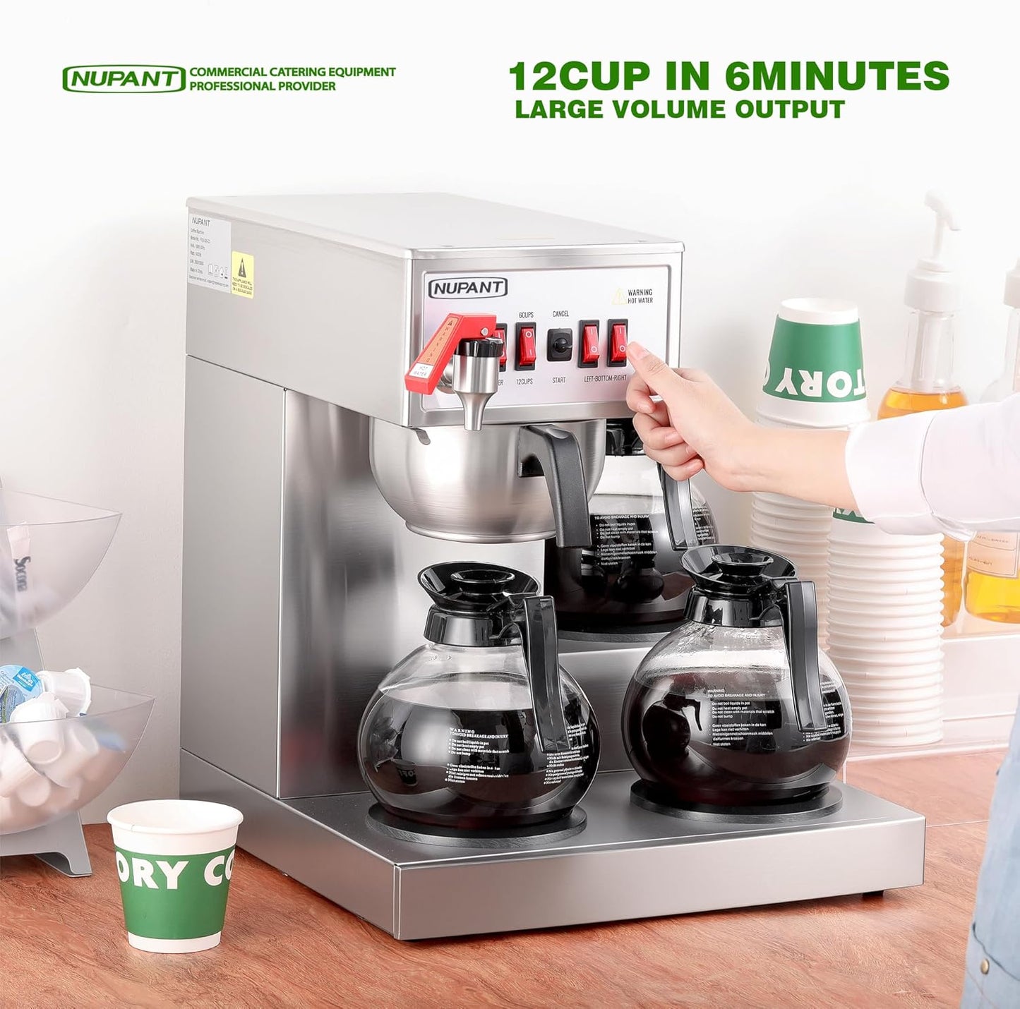 12 Cup Commercial Coffee Maker Auto Filling Drip Coffee Maker Machine with 3 Glass Carafes 3 Warmers Stainless Steel Pour Over Coffee Brewer with Hot Water Dispenser for Restaurant Office Cafe