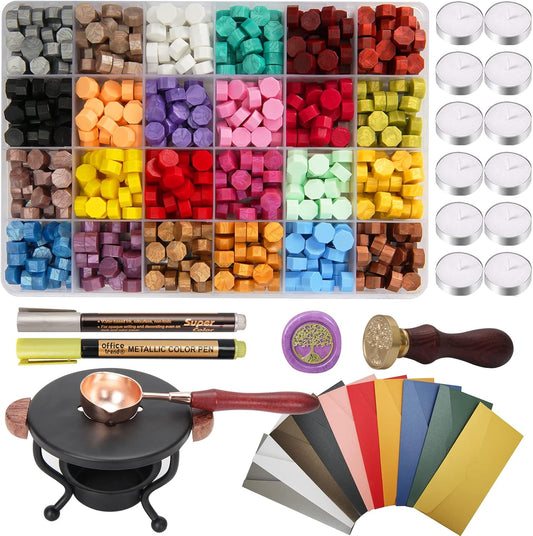Wax Seal Stamp Kit, YIPLED 24 Colors 748 Pcs Sealing Wax Beads with Wax Seal Stamp, Tea Candles, Stamp Warmer, Melting Spoon, Envelopes and Metallic Pens, Wax Seal Kit for Birthday & Gift Decoration