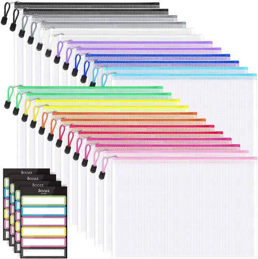 Sooez 24 Pack Mesh Zipper Pouch with Sticky Labels, A4 Mesh Bags for Board Game Puzzles Organization Storage, Durable Letter Size File Folders Organizer for Teacher School Classroom Office Supplies