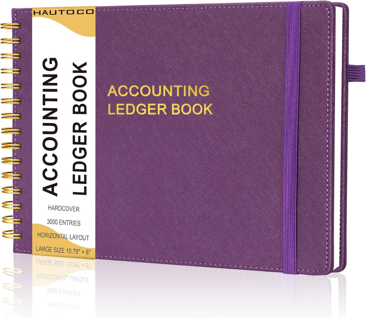 HAUTOCO Hardcover Accounting Ledger Book for Small Business Bookkeeping Horizontal Money Expense Tracker Notebook with 2 Storage Pouch, Personal Columnar Log Journal 10.78 x 8'', Deep Purple