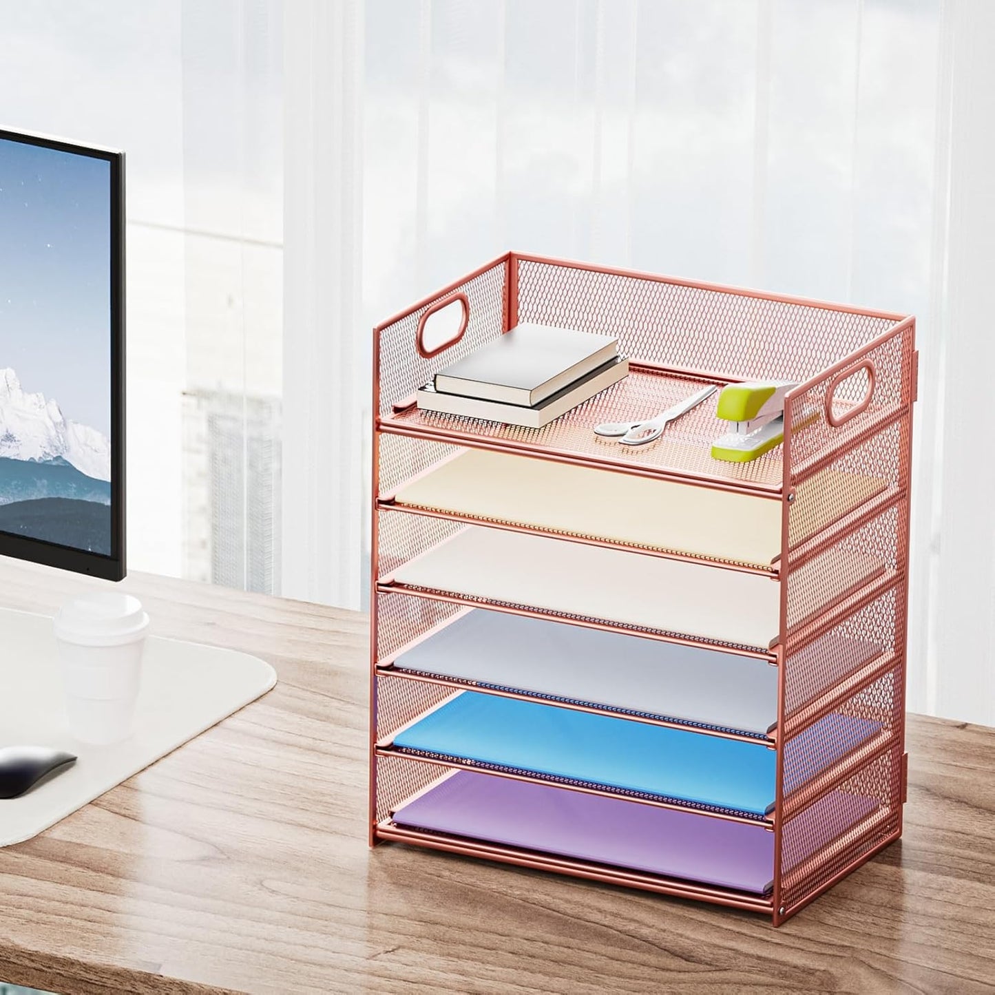 Marbrasse 2 Pack Desk Organizer with Handle, 6 Tier Paper Letter Tray, Mesh Desk File Organizer for Office, School and Home - Rose Gold
