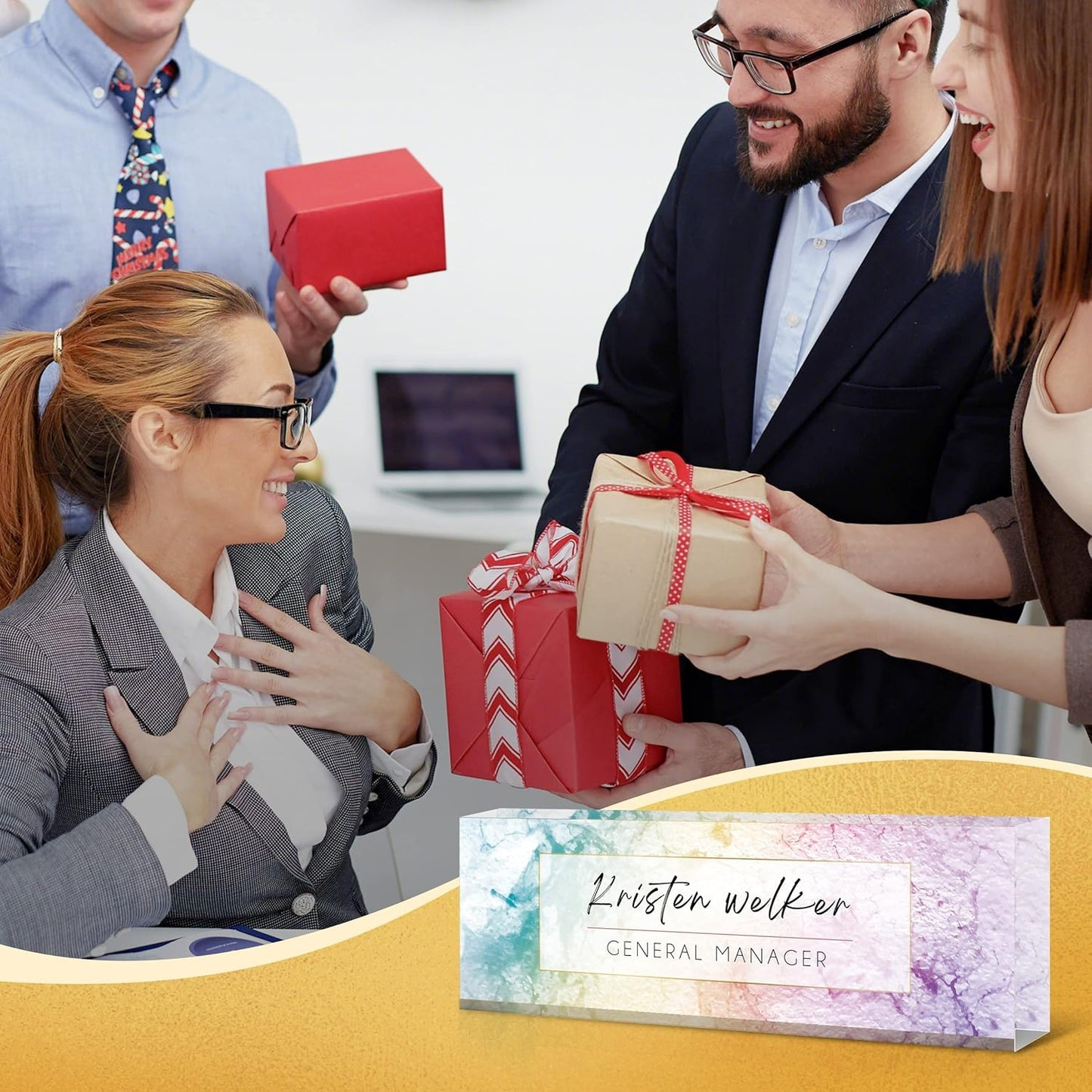 Desk Name Plate Personalized, Premium Blue Purple Texture Acrylic Desk Name Plate, Personalized Name Plate for Desk, Office Decor for Women or Men Coworkers, Boss, Employee, Teacher