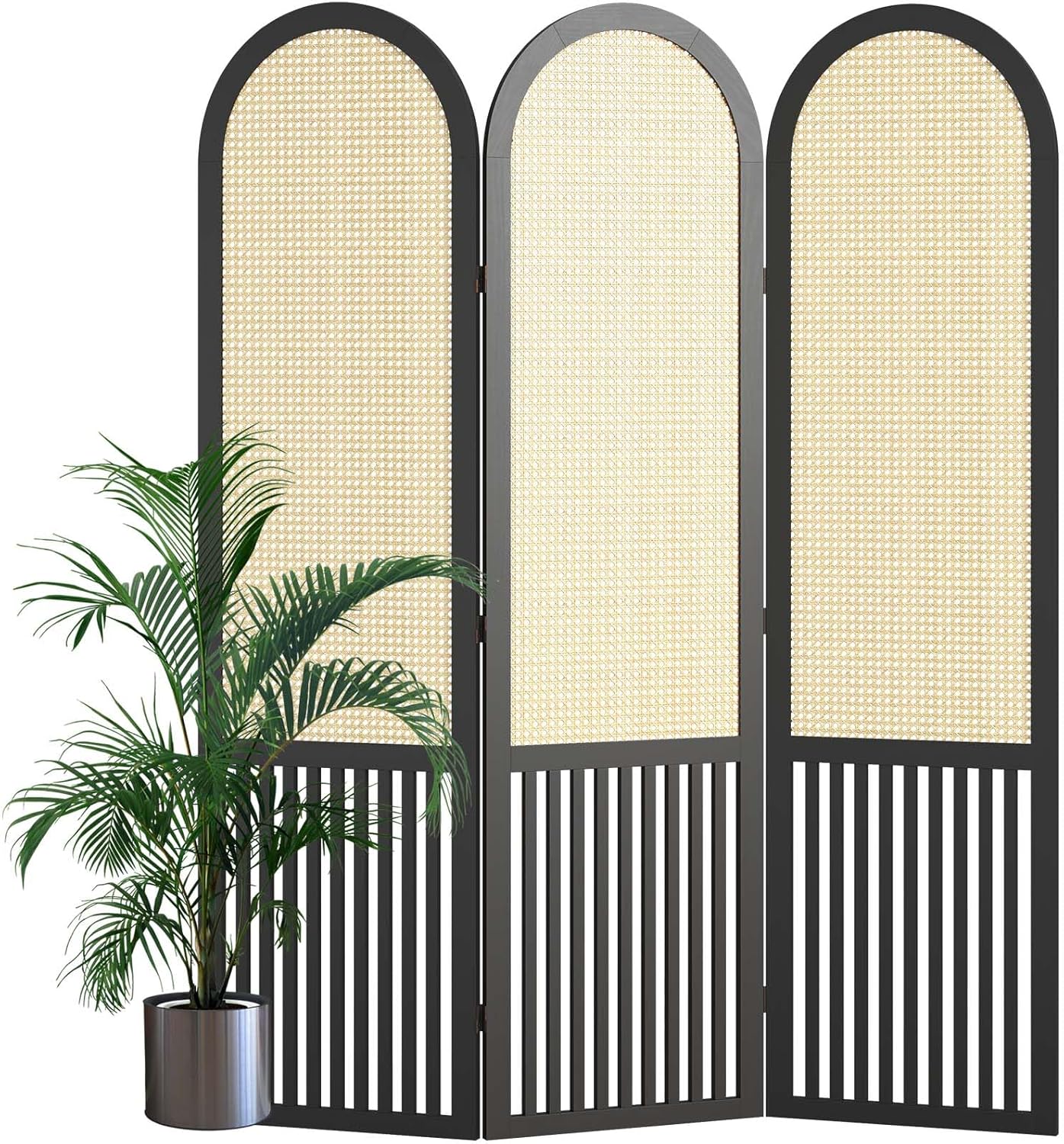 3-Panel Hand-Woven Rattan Room Divider, Tall Foldable Privacy Screen with Wooden Frame - Freestanding Portable Partition for Home Office, Bedroom, Bathroom(Black-Pine)