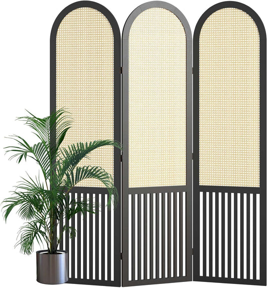 3-Panel Hand-Woven Rattan Room Divider, Tall Foldable Privacy Screen with Wooden Frame - Freestanding Portable Partition for Home Office, Bedroom, Bathroom(Black-Pine)