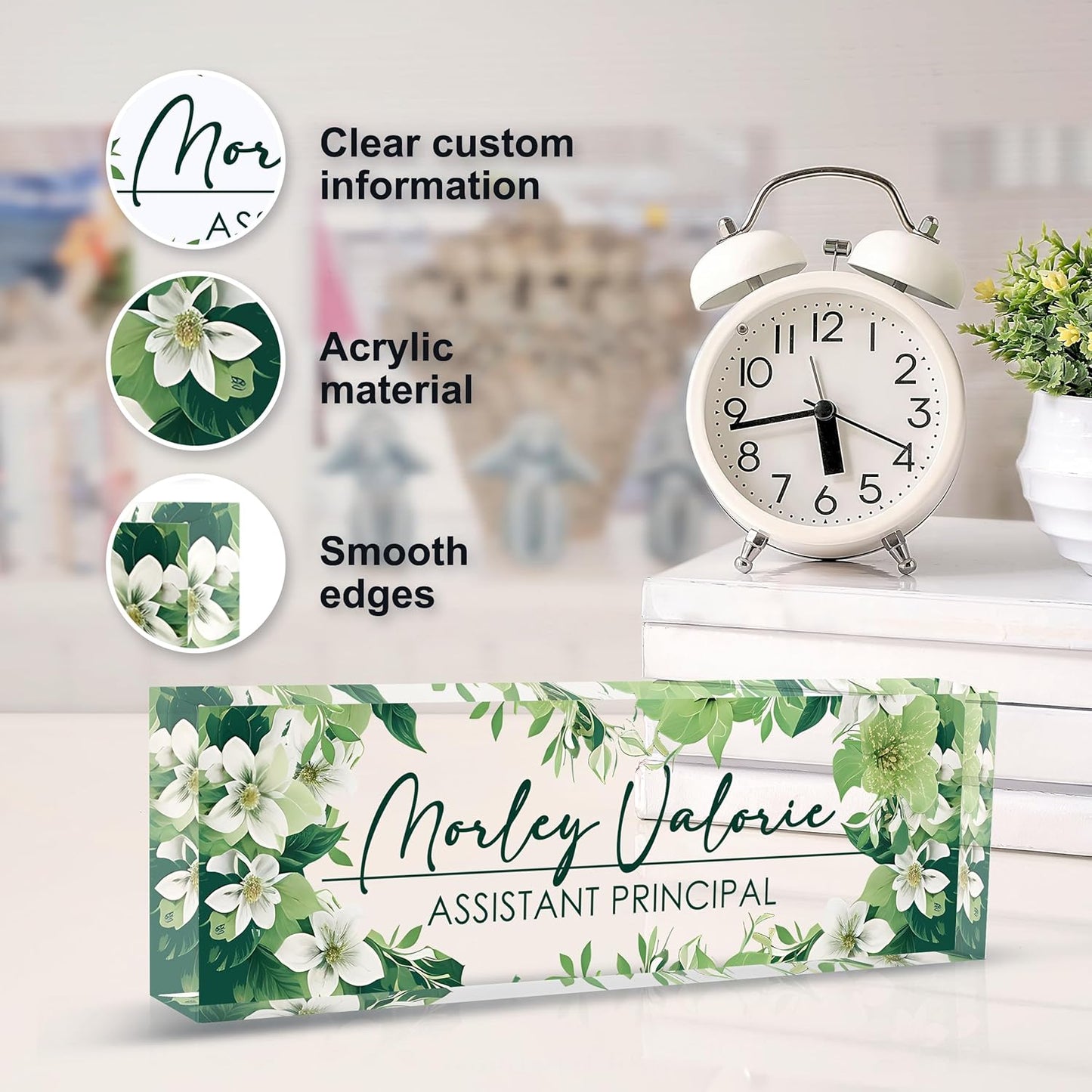 Custom Name Plate for Desk | Personalized Desk Name Plate | Personalized Boss Employee Appreciation Gifts | Acrylic Name Plate Office Desk Accessories (B-Green Flower)