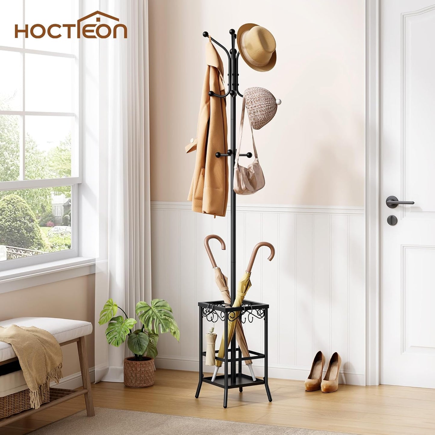 Hoctieon Coat Rack Freestanding, Coat Tree with Umbrella Holder, Metal Coat Rack Stand with 12 Hooks, Standing Coat Hanger Stand, Umbrella Stand for Entryway, Hat Rack Stand for Home Office, Black